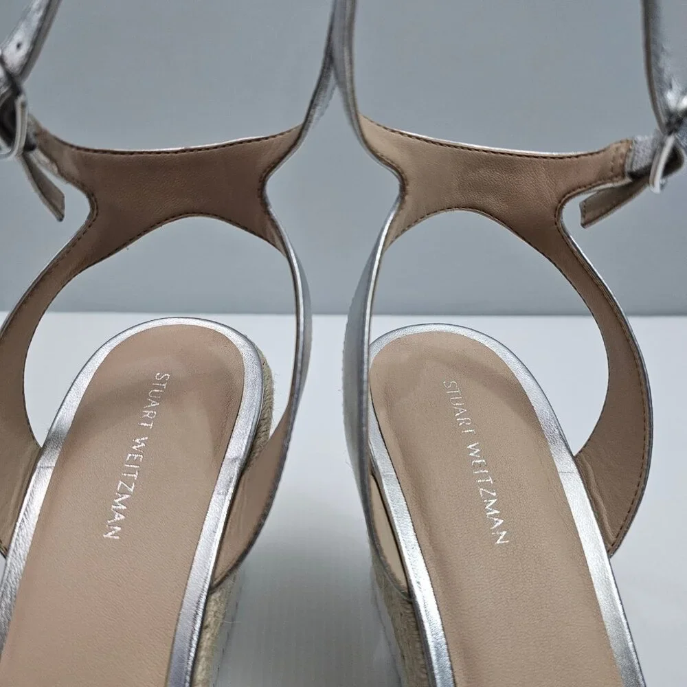 Stuart Weitzman Catalina Espadrille Wedge Sandal Size 10 Silver Leather Platform - Picture 8 of 16